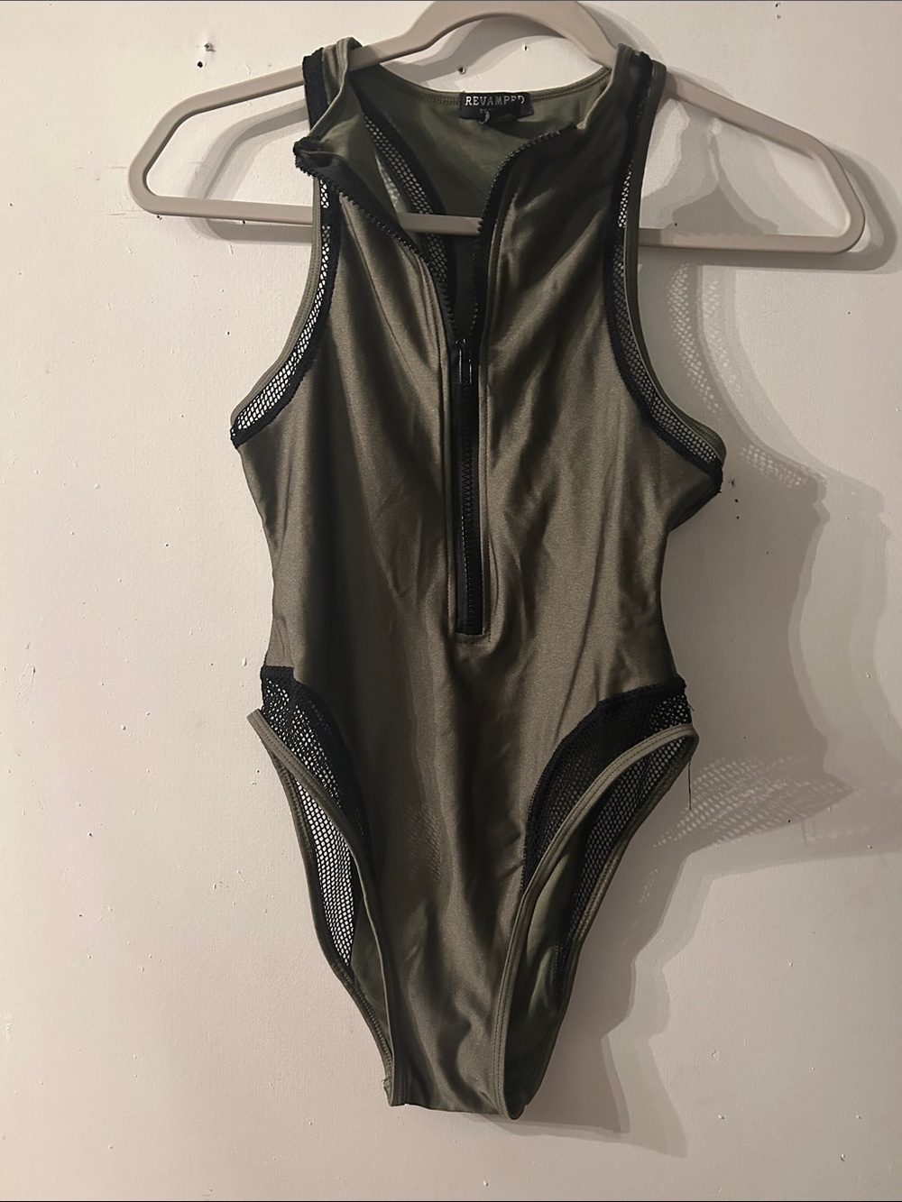 Revamped Olive Green One-Piece with Black Mesh Trim